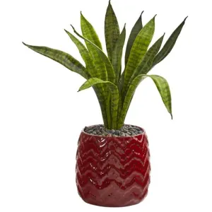 18" Sansevieria Artificial Plant in Red Planter