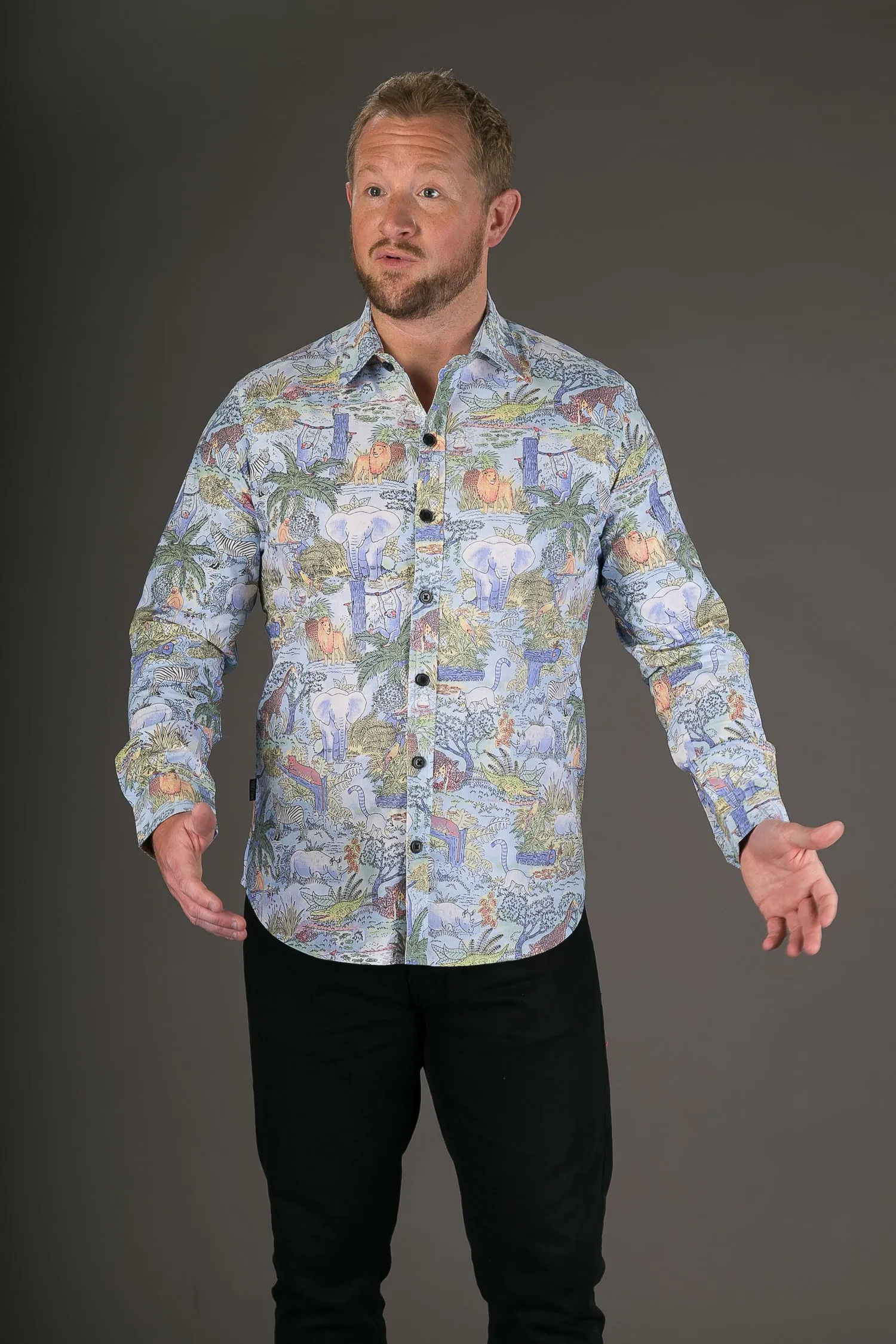 Animal Jungle Blue Print Cotton Slim Fit Mens Shirt Long Sleeve