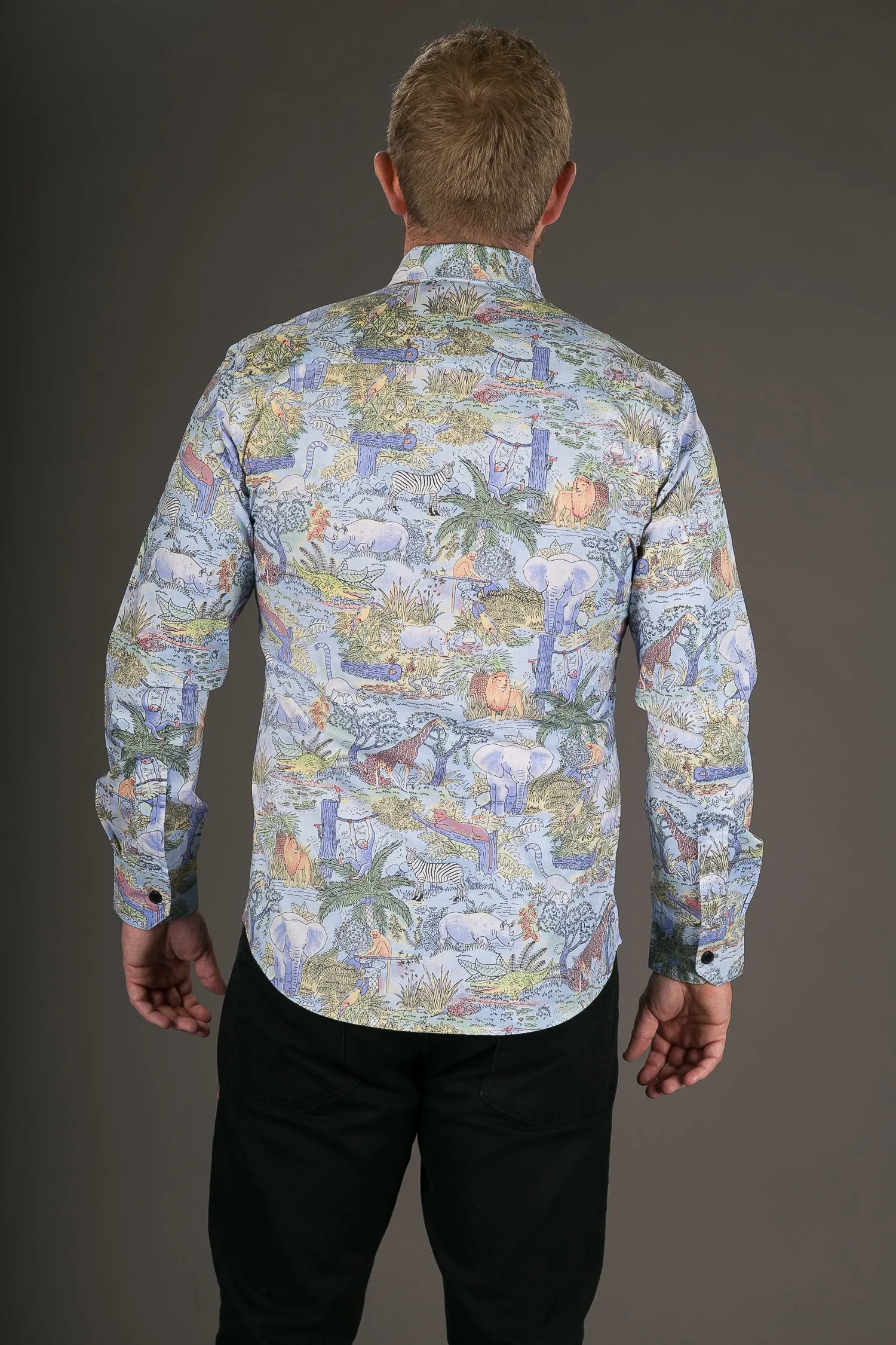 Animal Jungle Blue Print Cotton Slim Fit Mens Shirt Long Sleeve