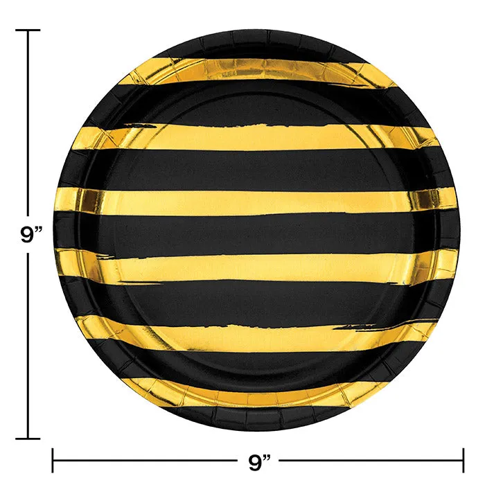 Black & Gold Foil Striped Paper Plates (8/Pkg)