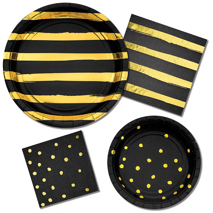 Black & Gold Foil Striped Paper Plates (8/Pkg)