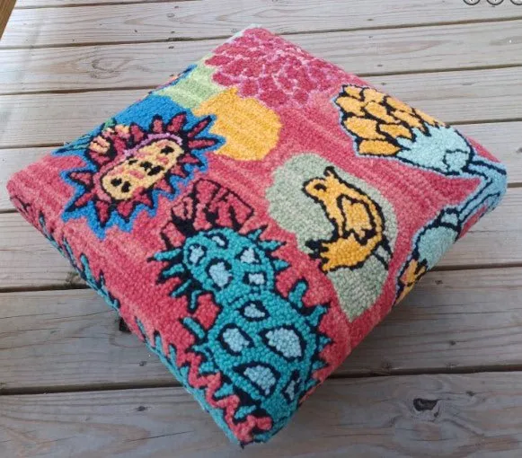 Blooming Cactus Handcrafted Hooked Wool Bench