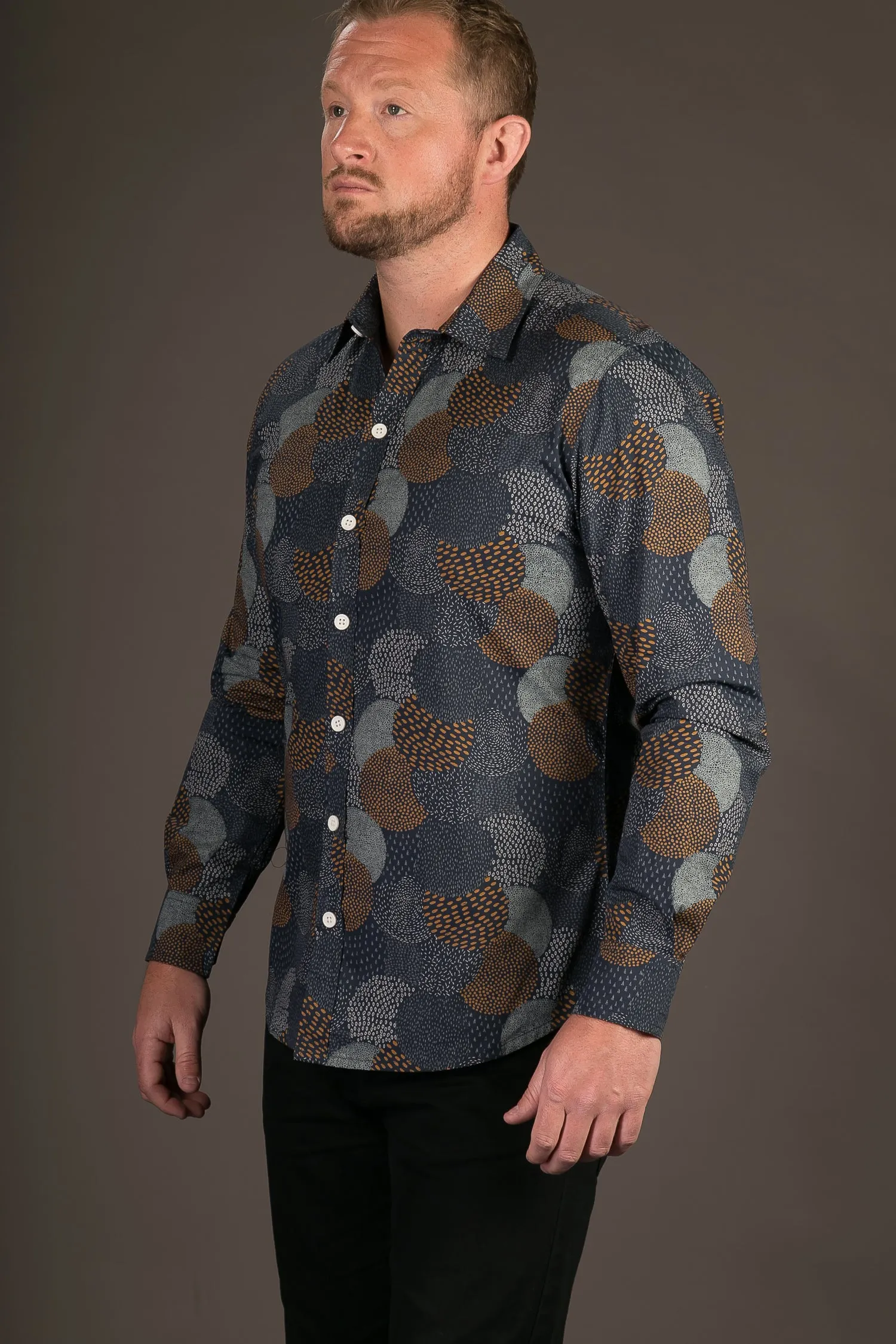 Blue Circular Dots Print Cotton Slim Fit Mens Shirt Long Sleeve