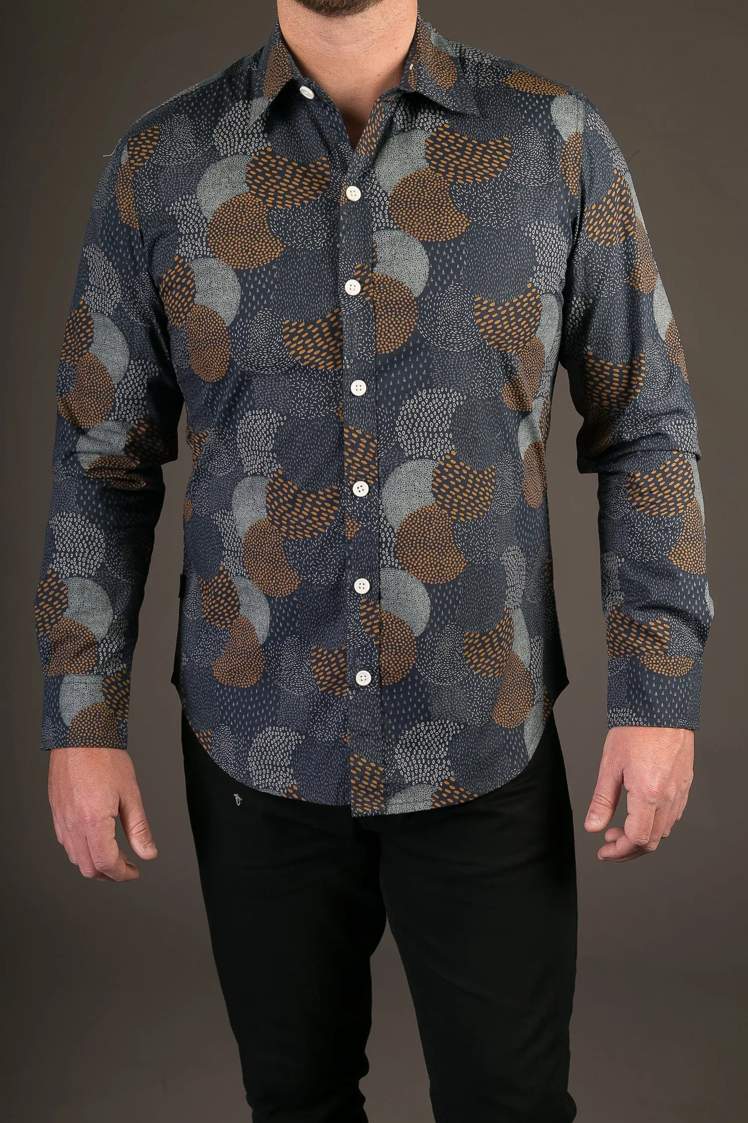 Blue Circular Dots Print Cotton Slim Fit Mens Shirt Long Sleeve