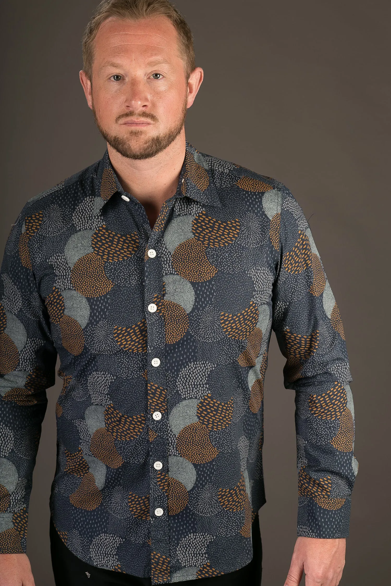 Blue Circular Dots Print Cotton Slim Fit Mens Shirt Long Sleeve