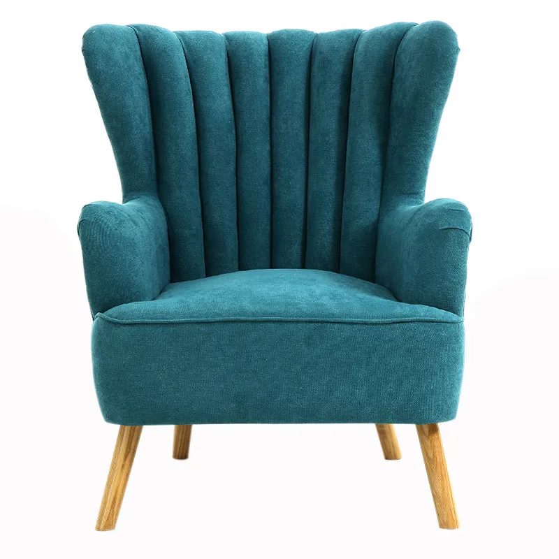 Blue Upholstered Armchair Faux Wool Wing Back Chair with Footstool