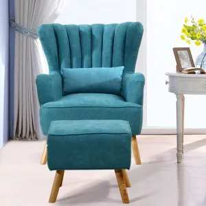 Blue Upholstered Armchair Faux Wool Wing Back Chair with Footstool