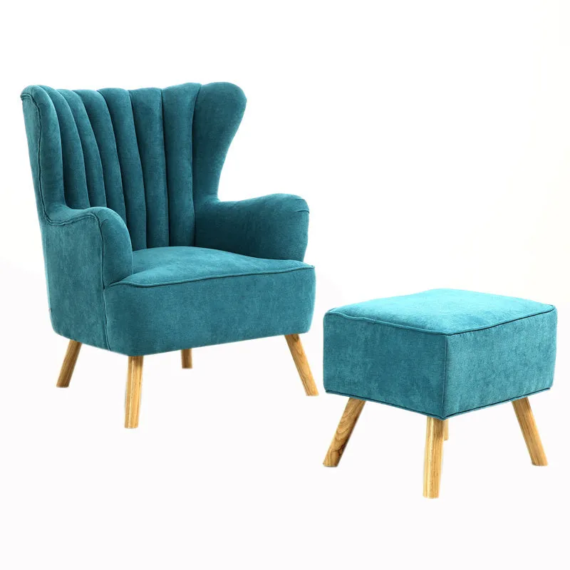 Blue Upholstered Armchair Faux Wool Wing Back Chair with Footstool