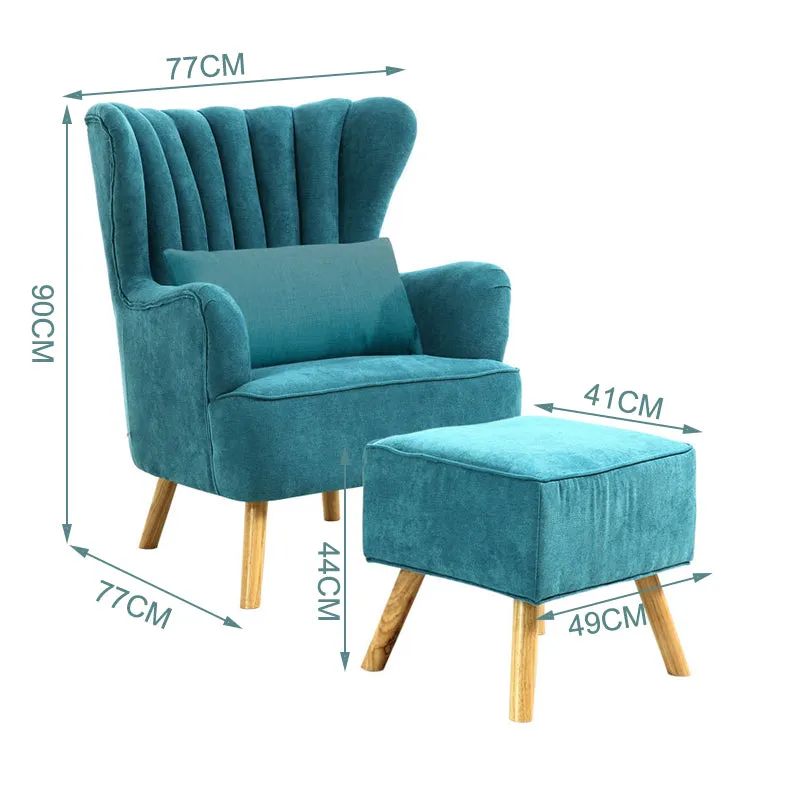 Blue Upholstered Armchair Faux Wool Wing Back Chair with Footstool