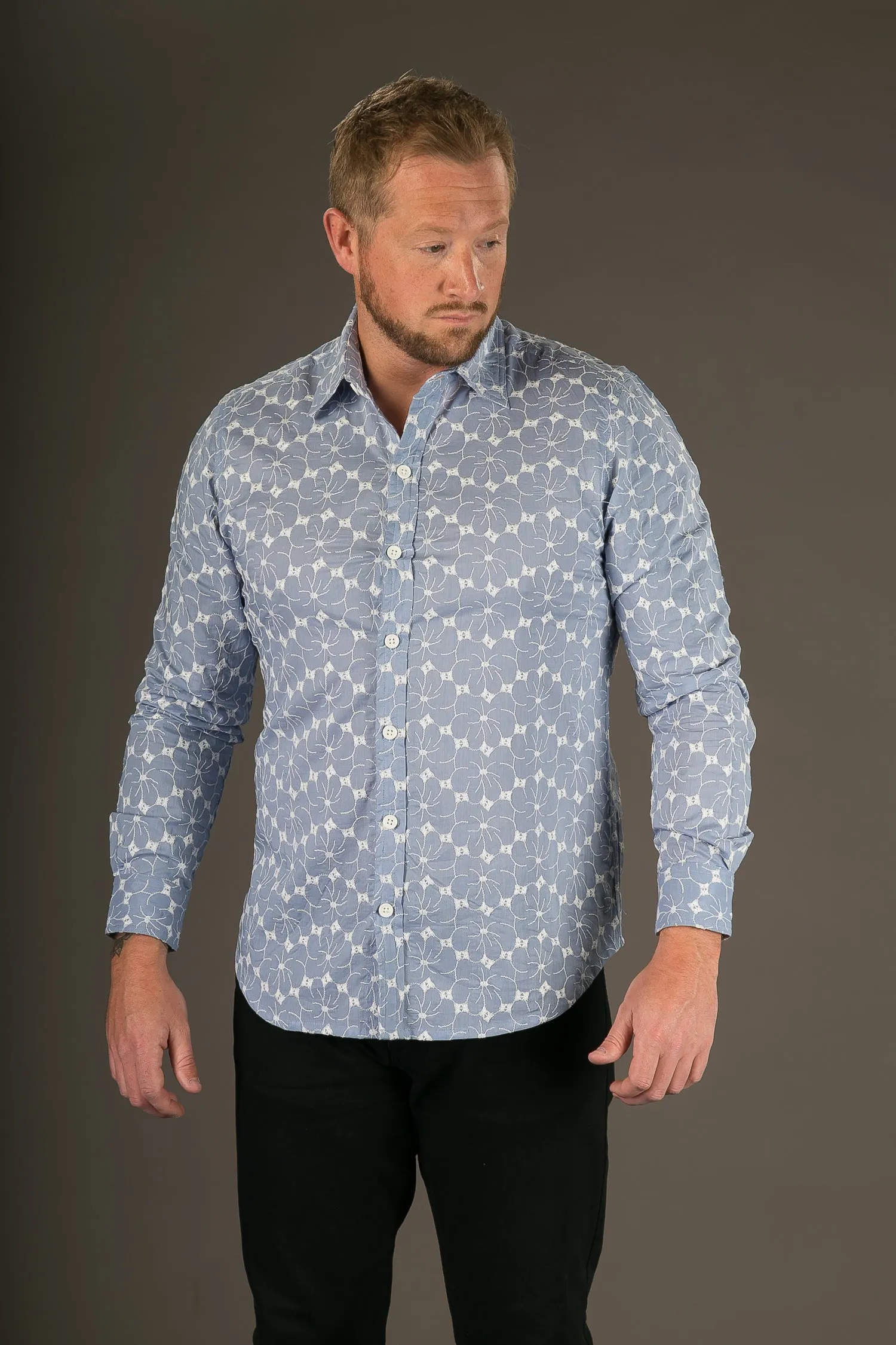 Blue White Embroidered Print Cotton Slim Fit Mens Shirt Long Sleeve