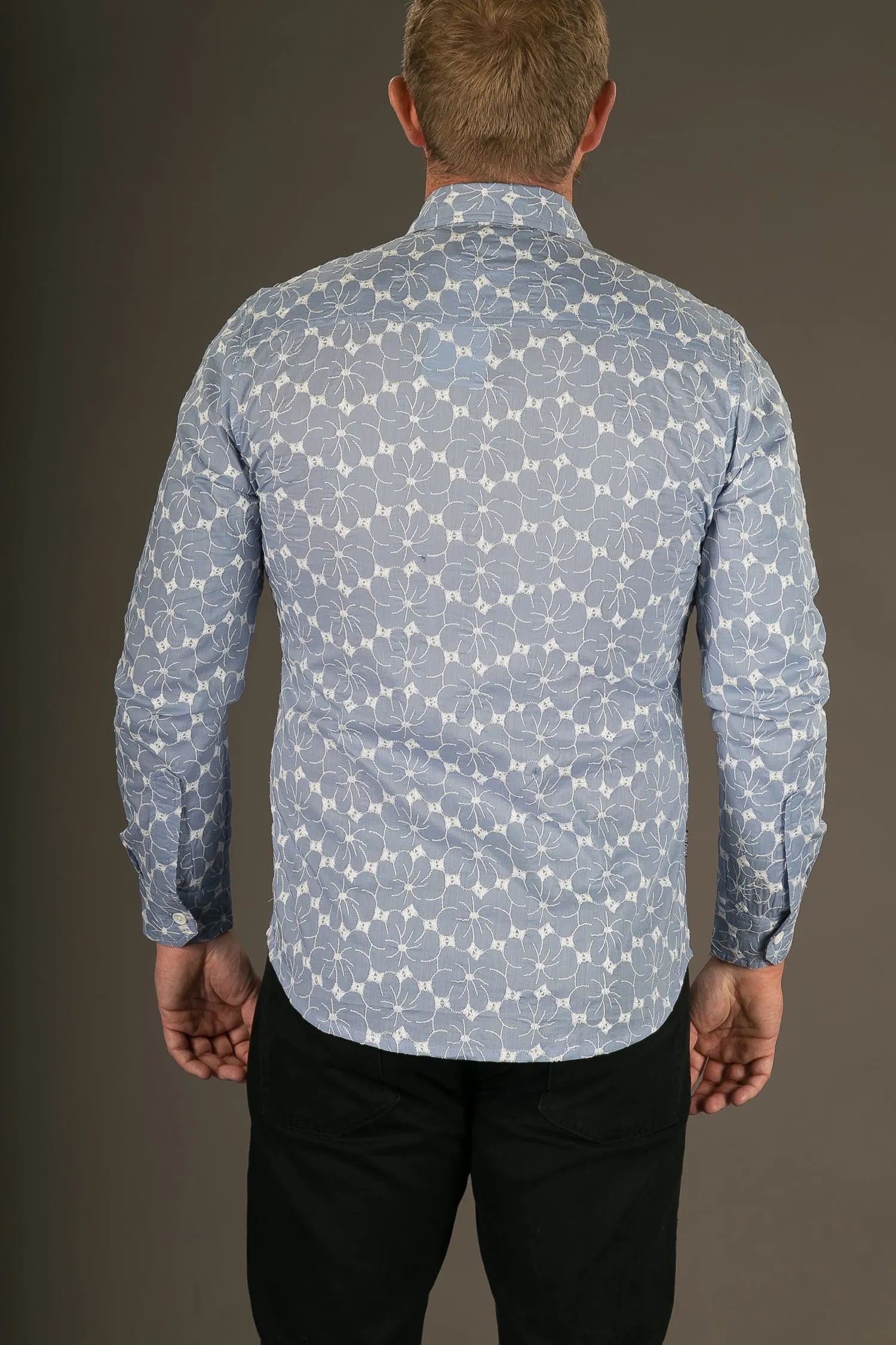 Blue White Embroidered Print Cotton Slim Fit Mens Shirt Long Sleeve