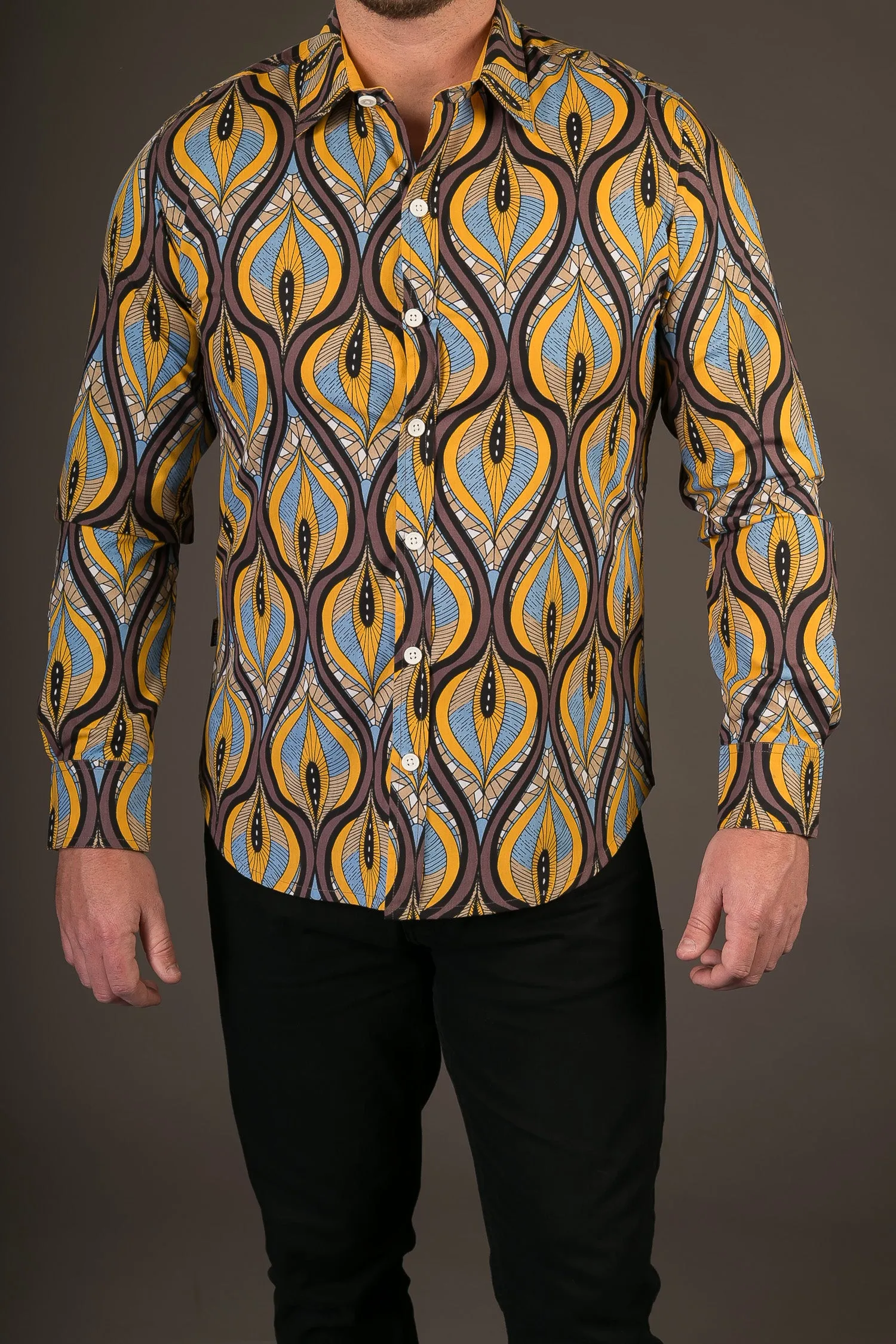 Blue Yellow Brown Print Cotton Slim and Regular Fit Mens Shirt Long Sleeve