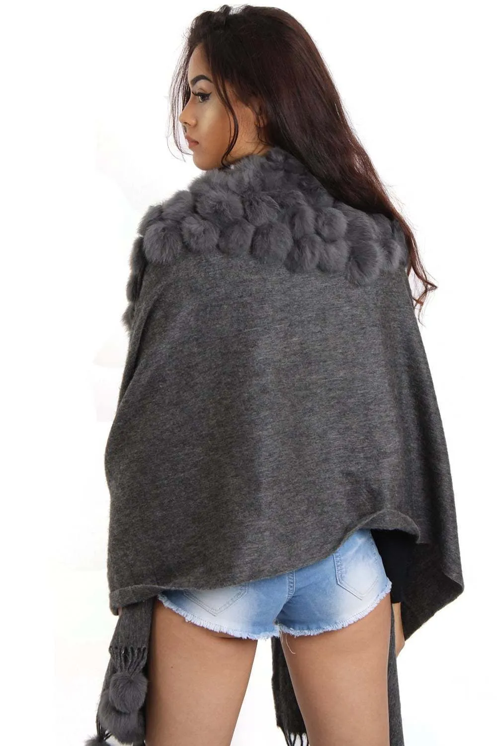 Cashmere & Wool Shawl With Multiple Fur Pom Poms