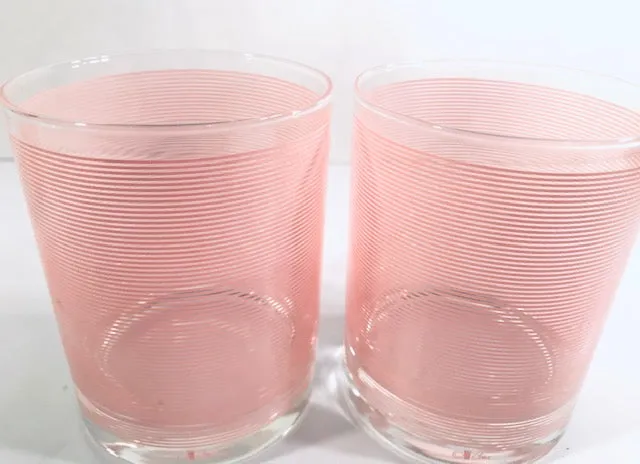 Cera Mid-Century Signed Pretty in Pink Double Old Fashion Striped Glasses (Set of 4)