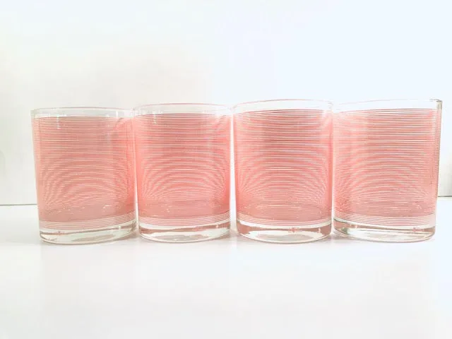 Cera Mid-Century Signed Pretty in Pink Double Old Fashion Striped Glasses (Set of 4)