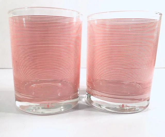 Cera Mid-Century Signed Pretty in Pink Double Old Fashion Striped Glasses (Set of 4)