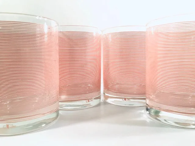 Cera Mid-Century Signed Pretty in Pink Double Old Fashion Striped Glasses (Set of 4)