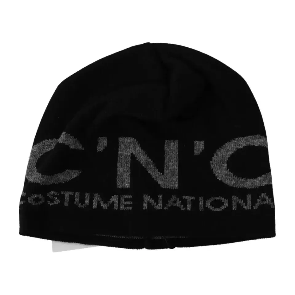 Costume National Black Wool Blend Branded Beanie Hat