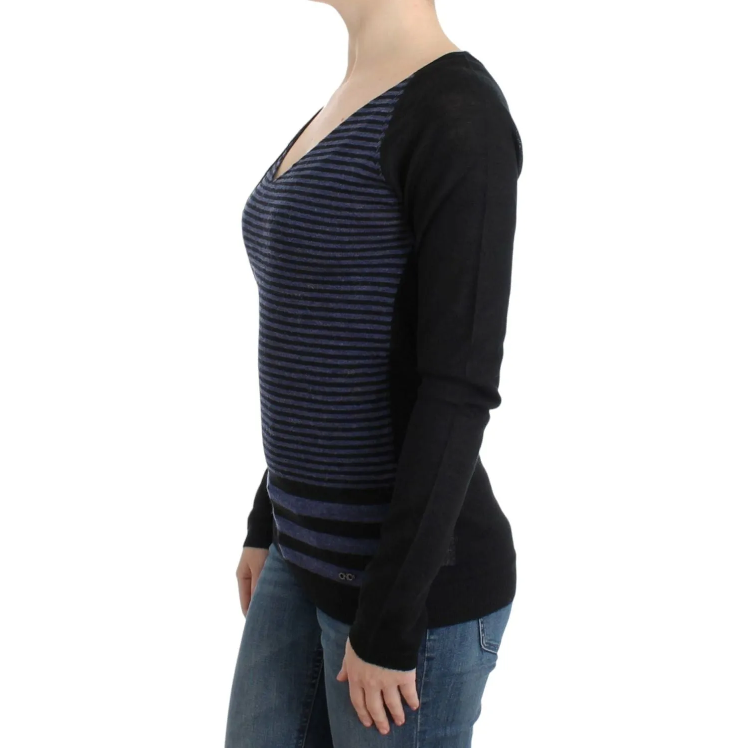 Costume National Chic Striped V-Neck Wool Blend Sweater