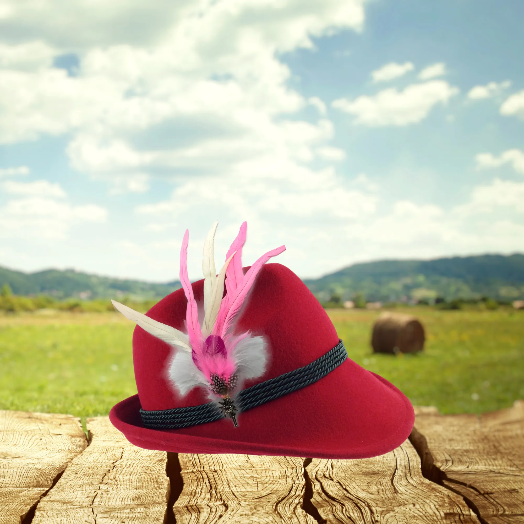 Deluxe German themed Hat Pin with Pink & White Feathers