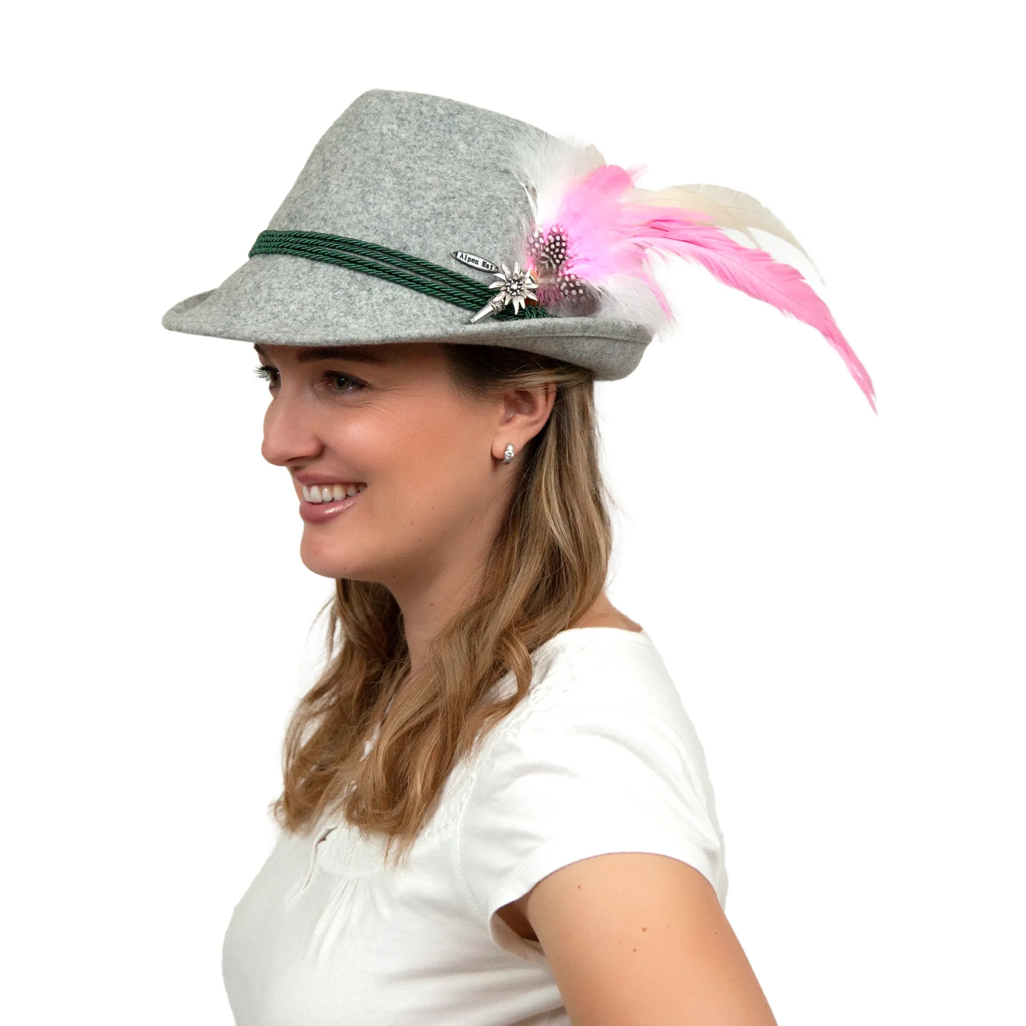 Deluxe German themed Hat Pin with Pink & White Feathers