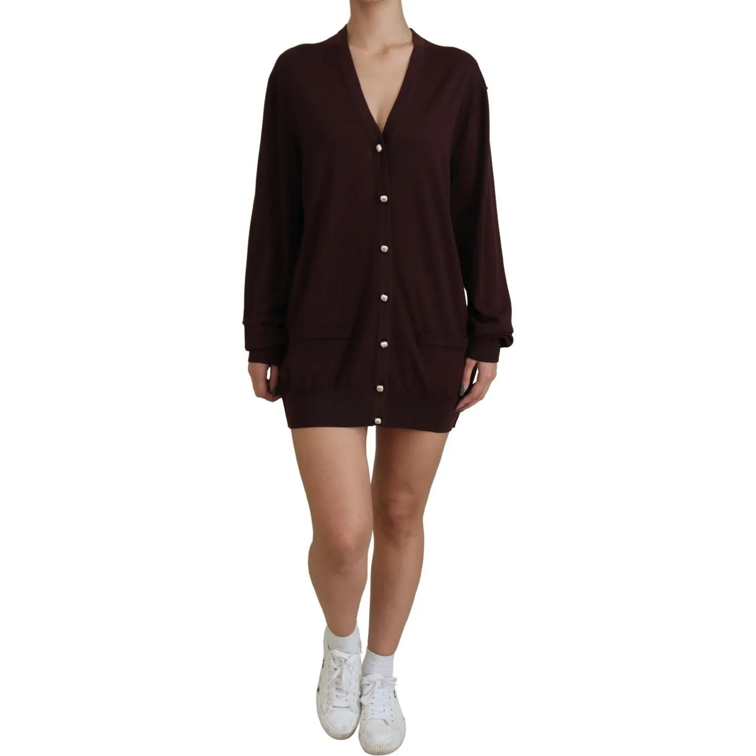 Dolce & Gabbana Chic Maroon V-Neck Wool Cardigan