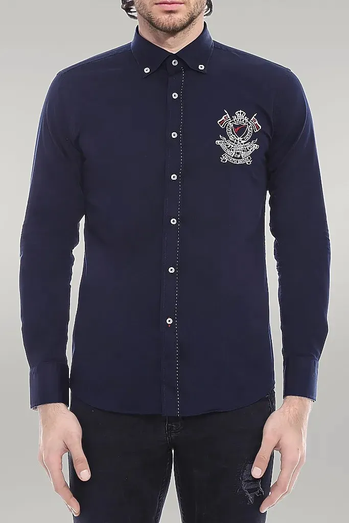 Emblemed Long Sleeve Navy Blue Shirt - Wessi