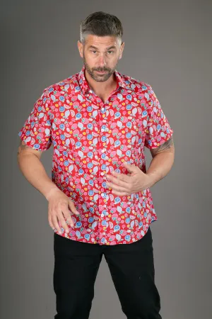 Fruits on Red Print Cotton Slim Fit Mens Shirt Short Sleeve