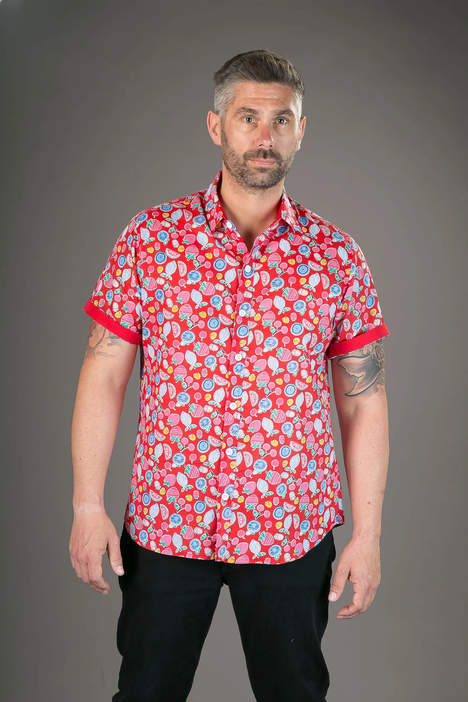 Fruits on Red Print Cotton Slim Fit Mens Shirt Short Sleeve