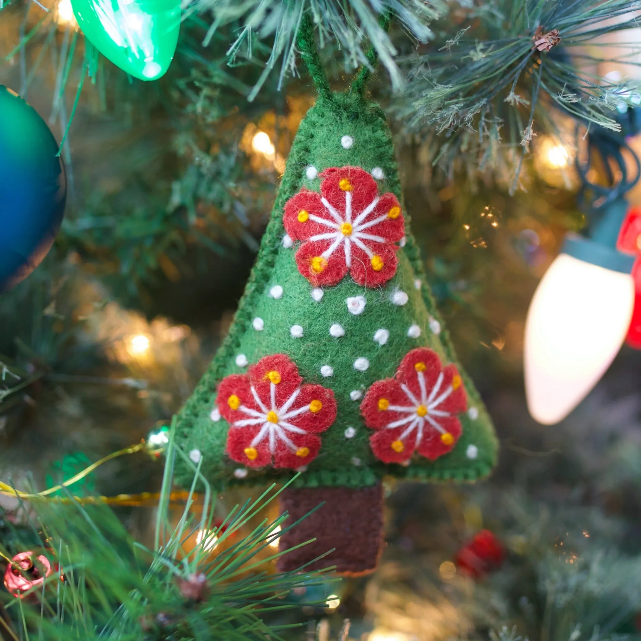 Green Tree Ornament, Embroidered Wool