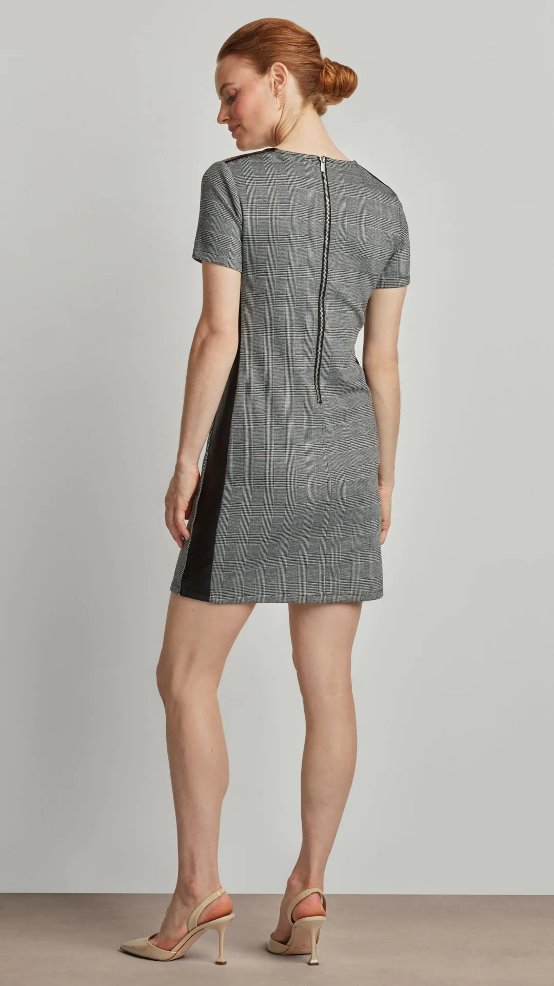 JACQUARD KNIT MINI DRESS WITH VEGAN LEATHER ACCENTS