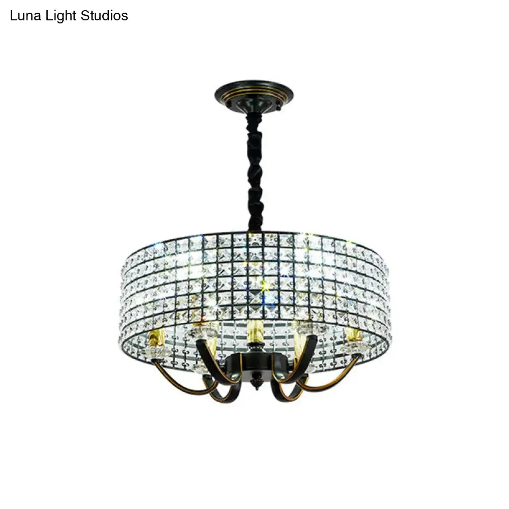 Minimalist Black Drum Chandelier Pendant Light with Crystal Embellishments - 6-Light Dining Room Hanging Lamp