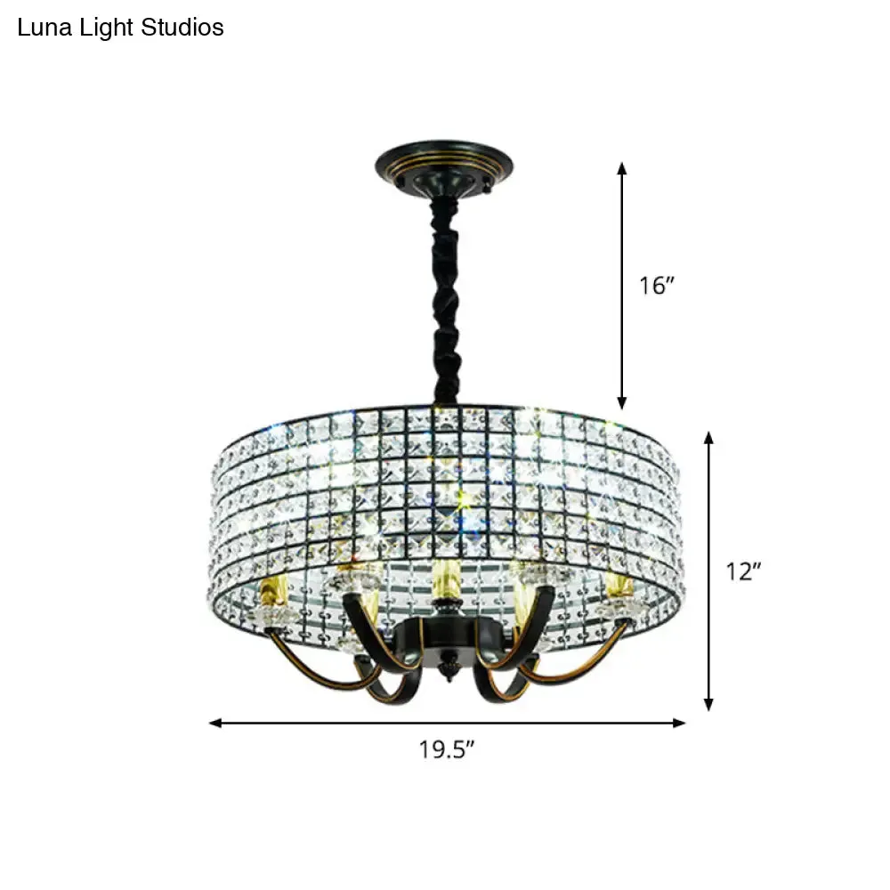 Minimalist Black Drum Chandelier Pendant Light with Crystal Embellishments - 6-Light Dining Room Hanging Lamp