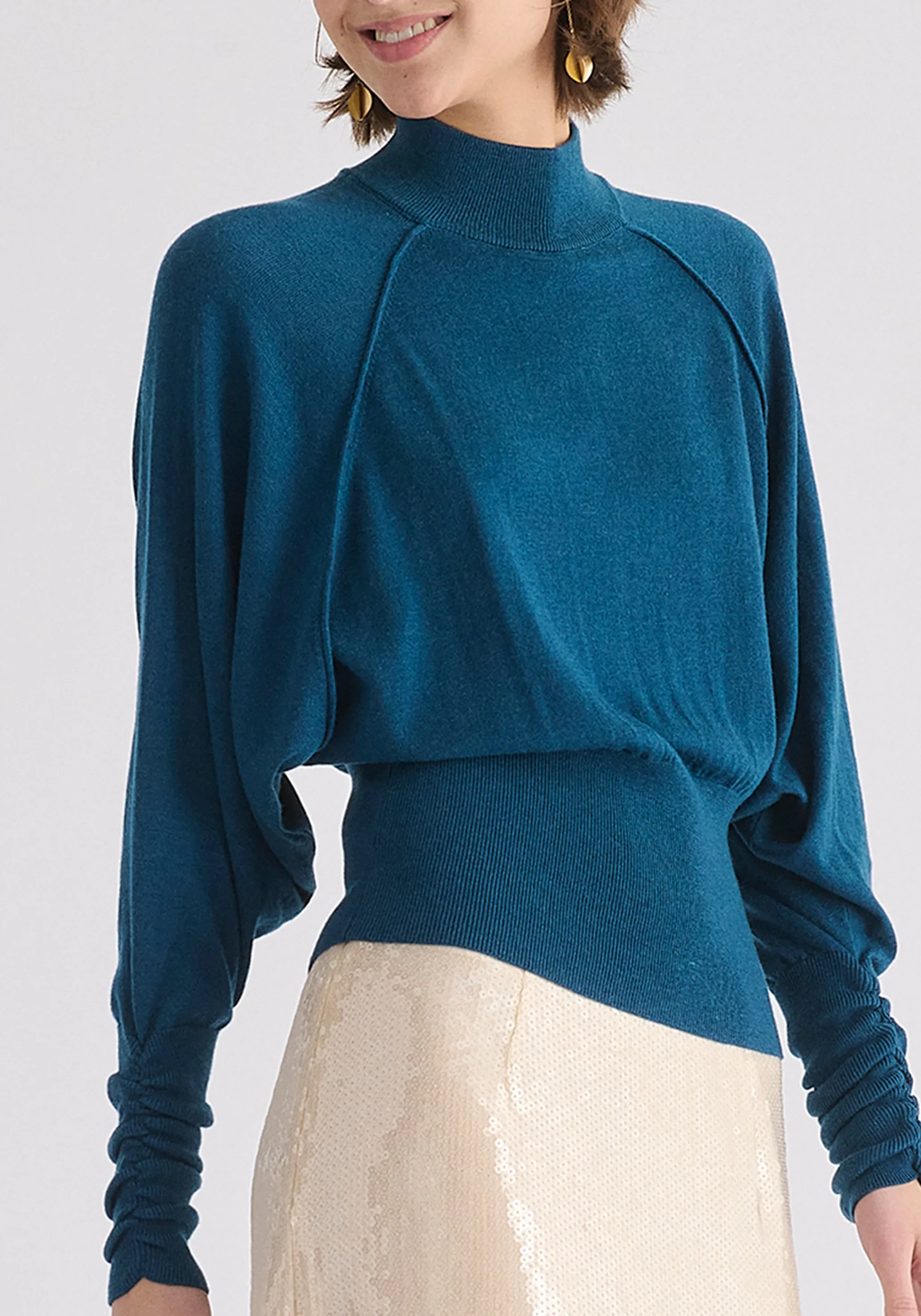 Mock Neck Batwing Jumper with Ruched Cuffs