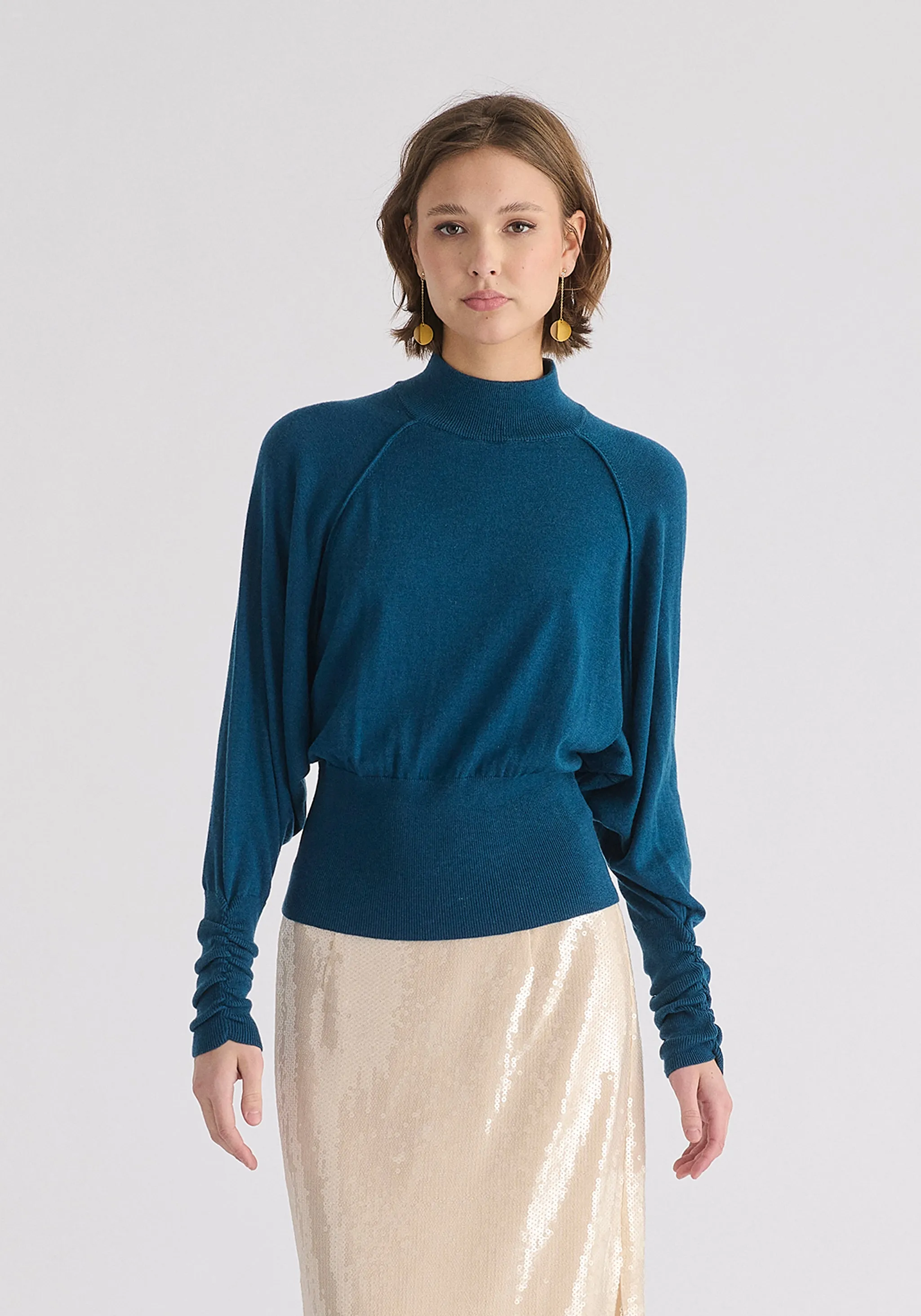 Mock Neck Batwing Jumper with Ruched Cuffs