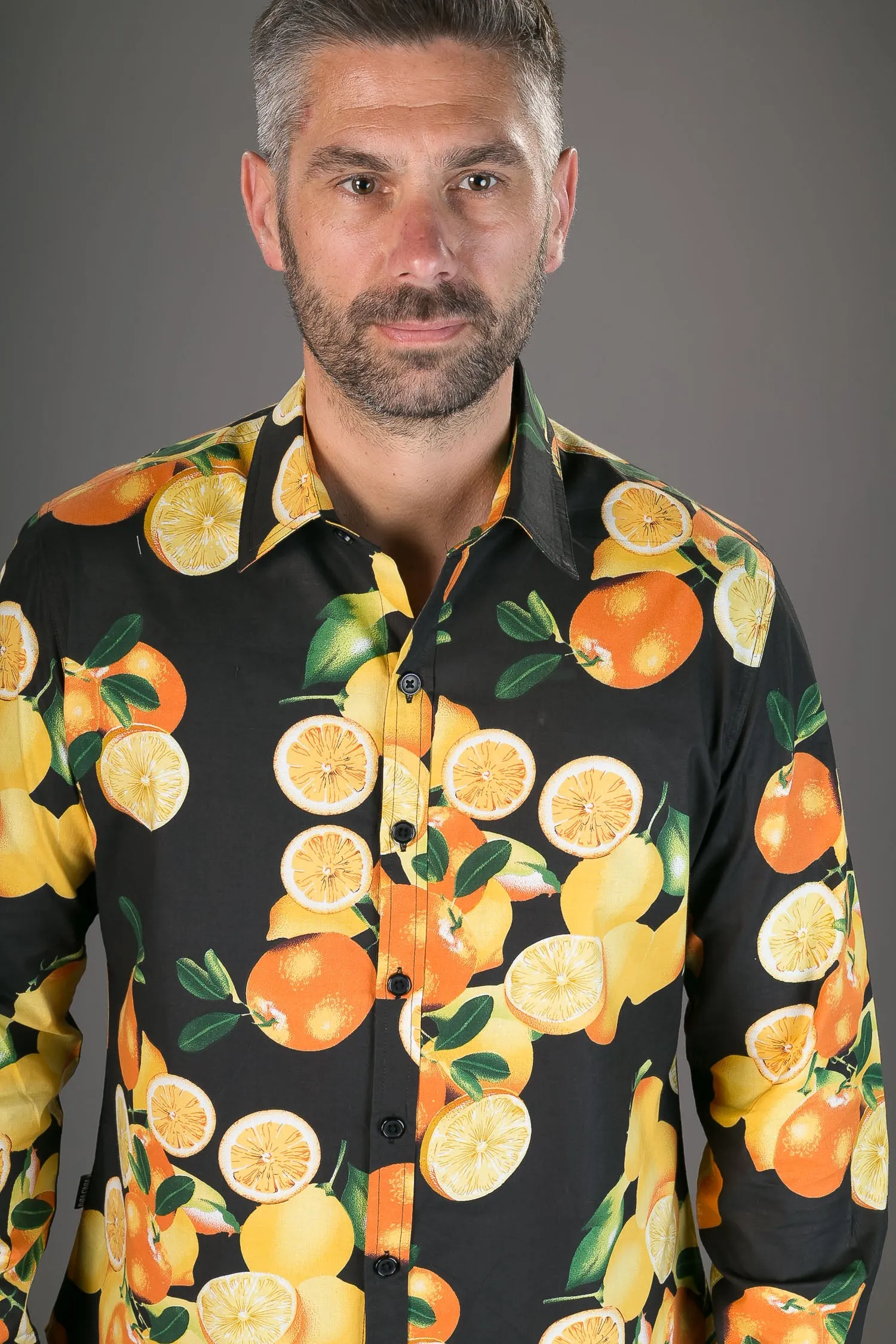 Oranges Black Print Cotton Slim Fit Mens Shirt Long Sleeve