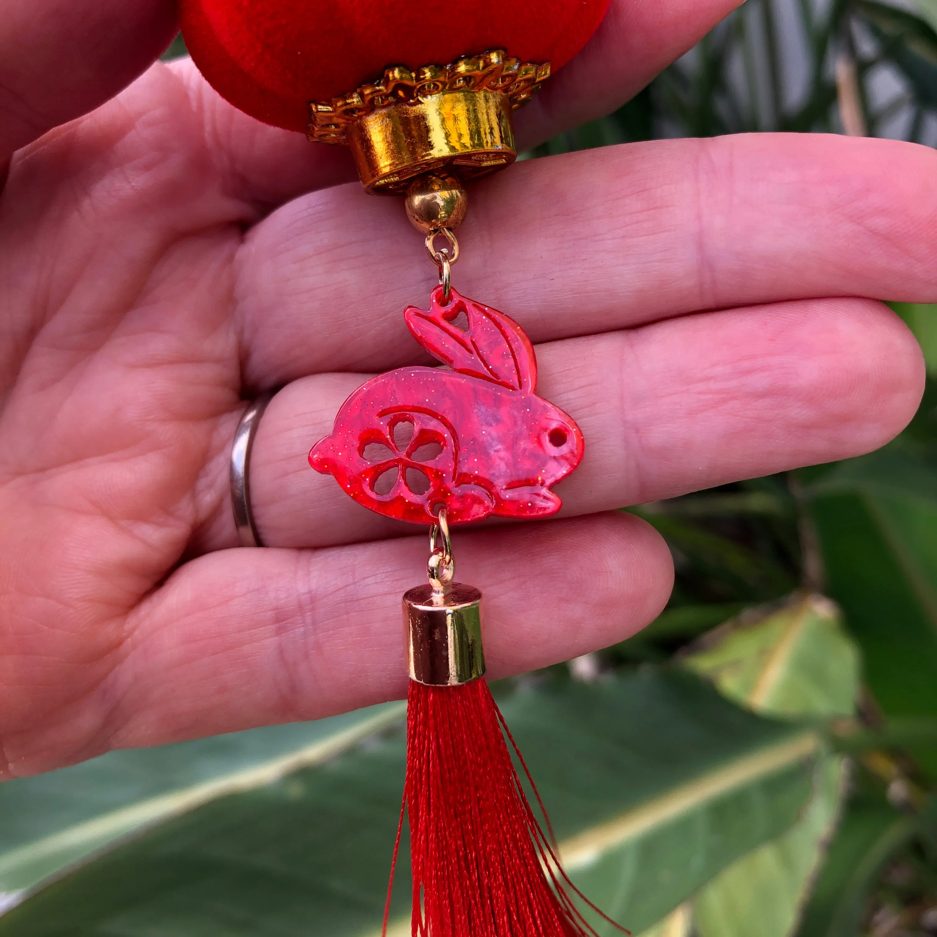 SALE - Hanging mini red lantern and rabbit decoration