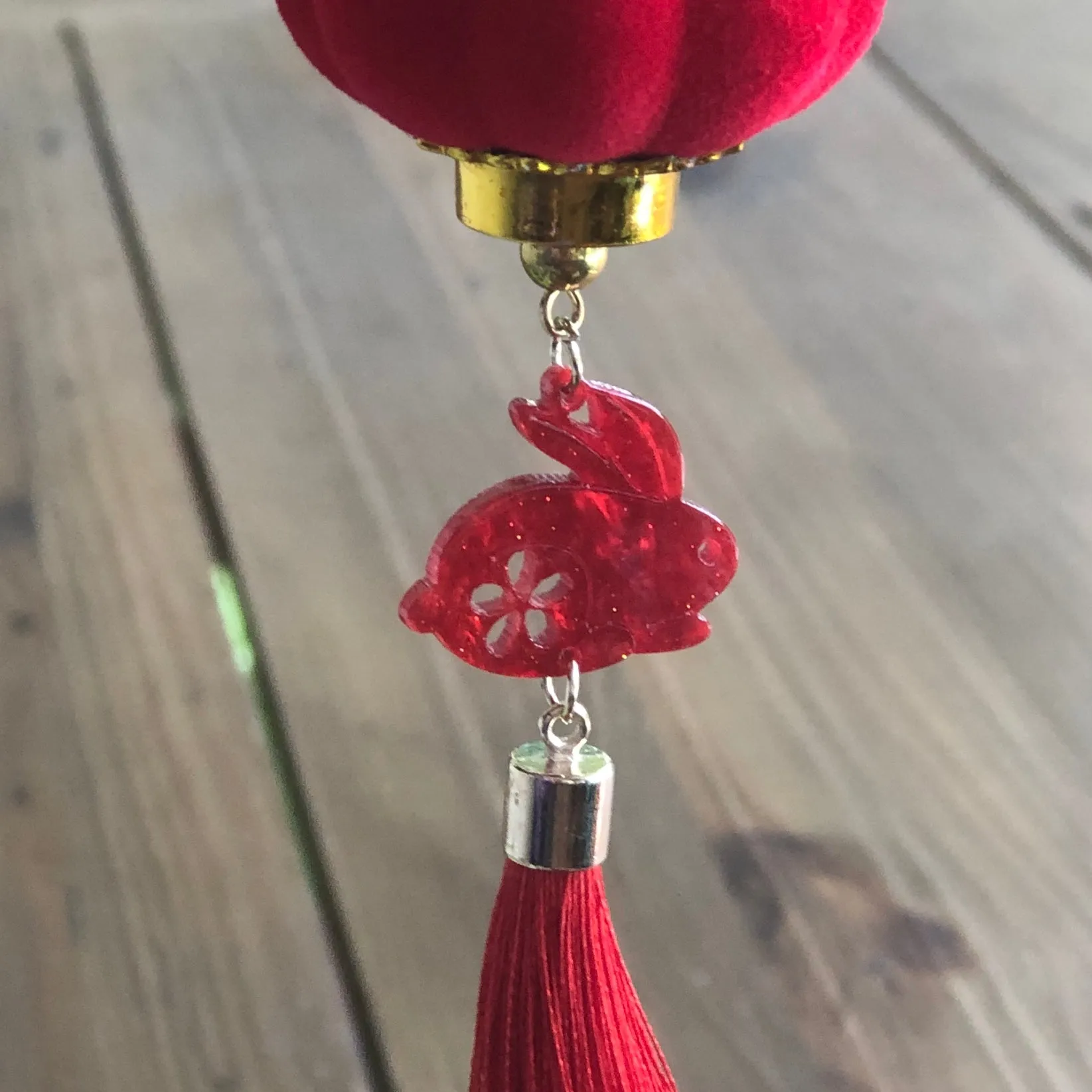 SALE - Hanging mini red lantern and rabbit decoration