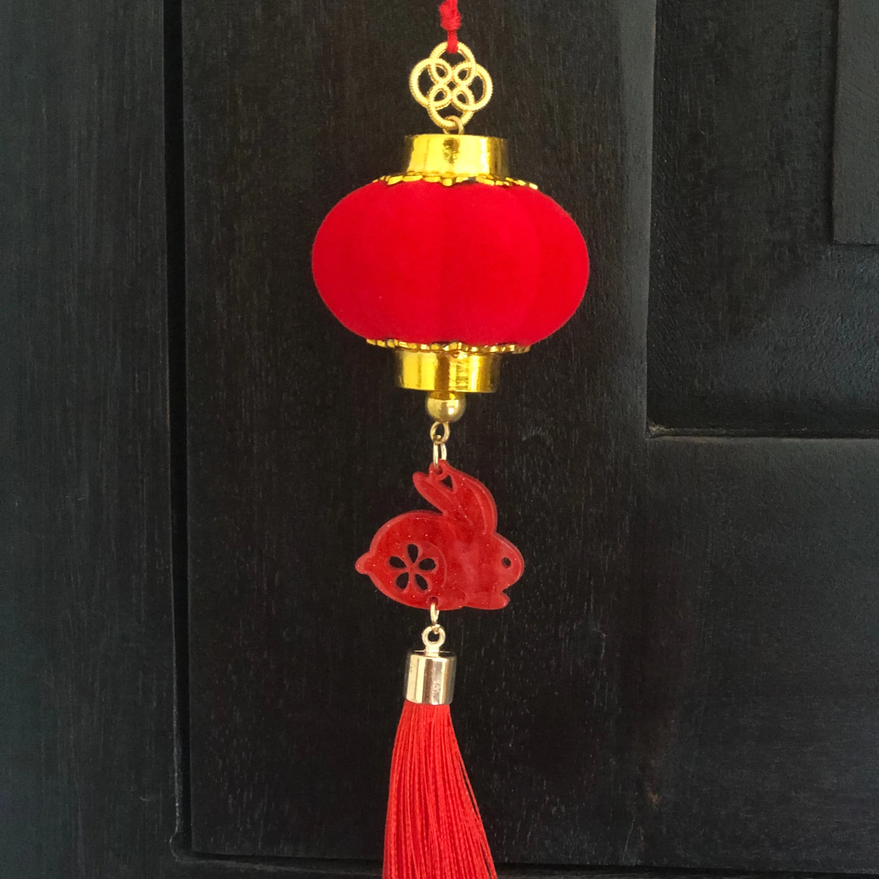 SALE - Hanging mini red lantern and rabbit decoration