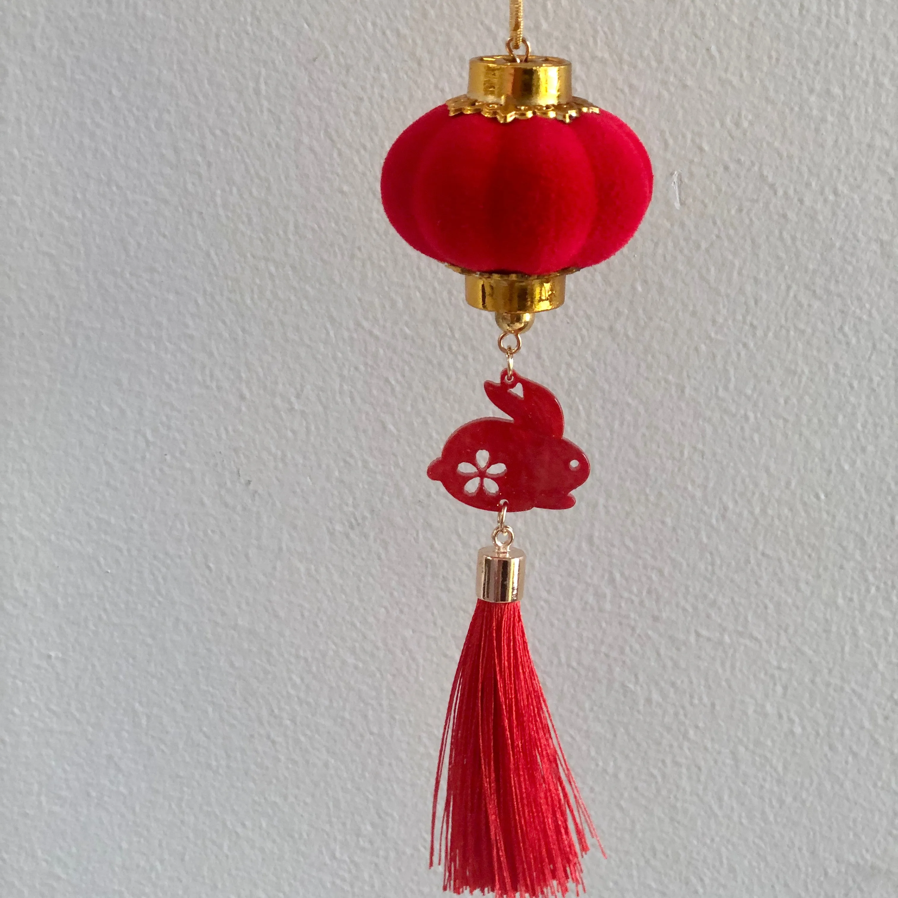 SALE - Hanging mini red lantern and rabbit decoration