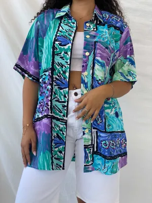 Statement Vintage Handmade Blue and Purple Floral Oversized Shirt - XL