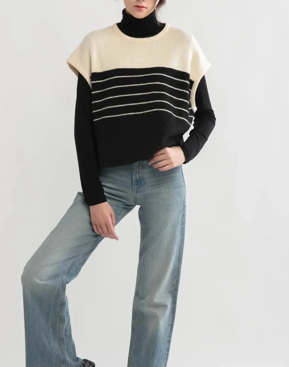 Striped Sweater Vest in Ecru/Black