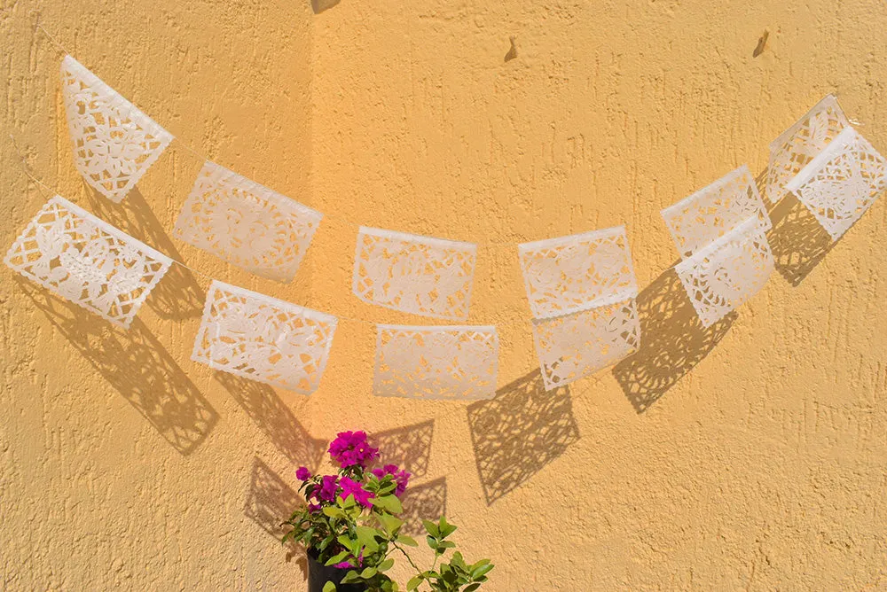 White Papel Picado Bunting Decorations for Any Occasion | 10 x 5m (16ft) Garlands with Medium Flags