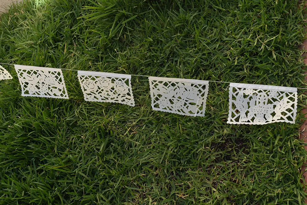 White Papel Picado Bunting Decorations for Any Occasion | 10 x 5m (16ft) Garlands with Medium Flags