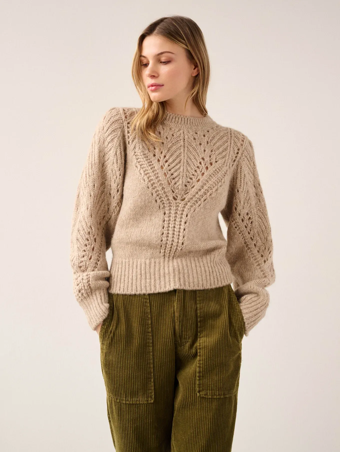 White   Warren - Plush Alpaca Blend Pointelle Crewneck In Oat Straw