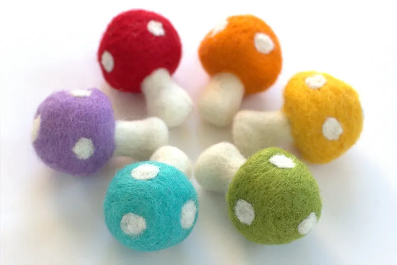 Wool Felt Mushrooms- Bright Rainbow Colors- 6 Pieces