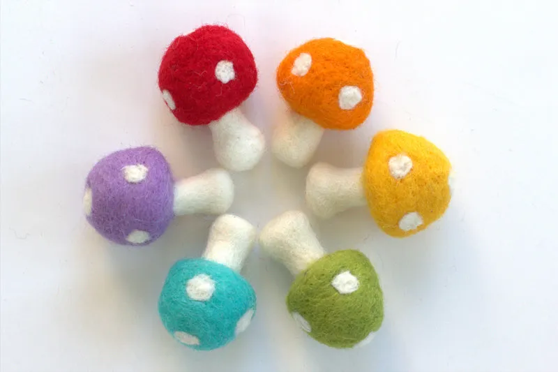 Wool Felt Mushrooms- Bright Rainbow Colors- 6 Pieces