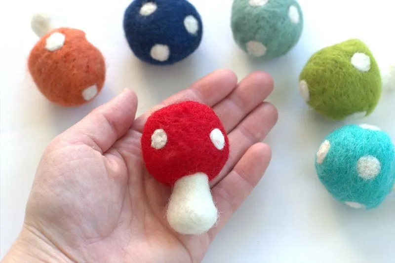 Wool Felt Mushrooms- Bright Rainbow Colors- 6 Pieces