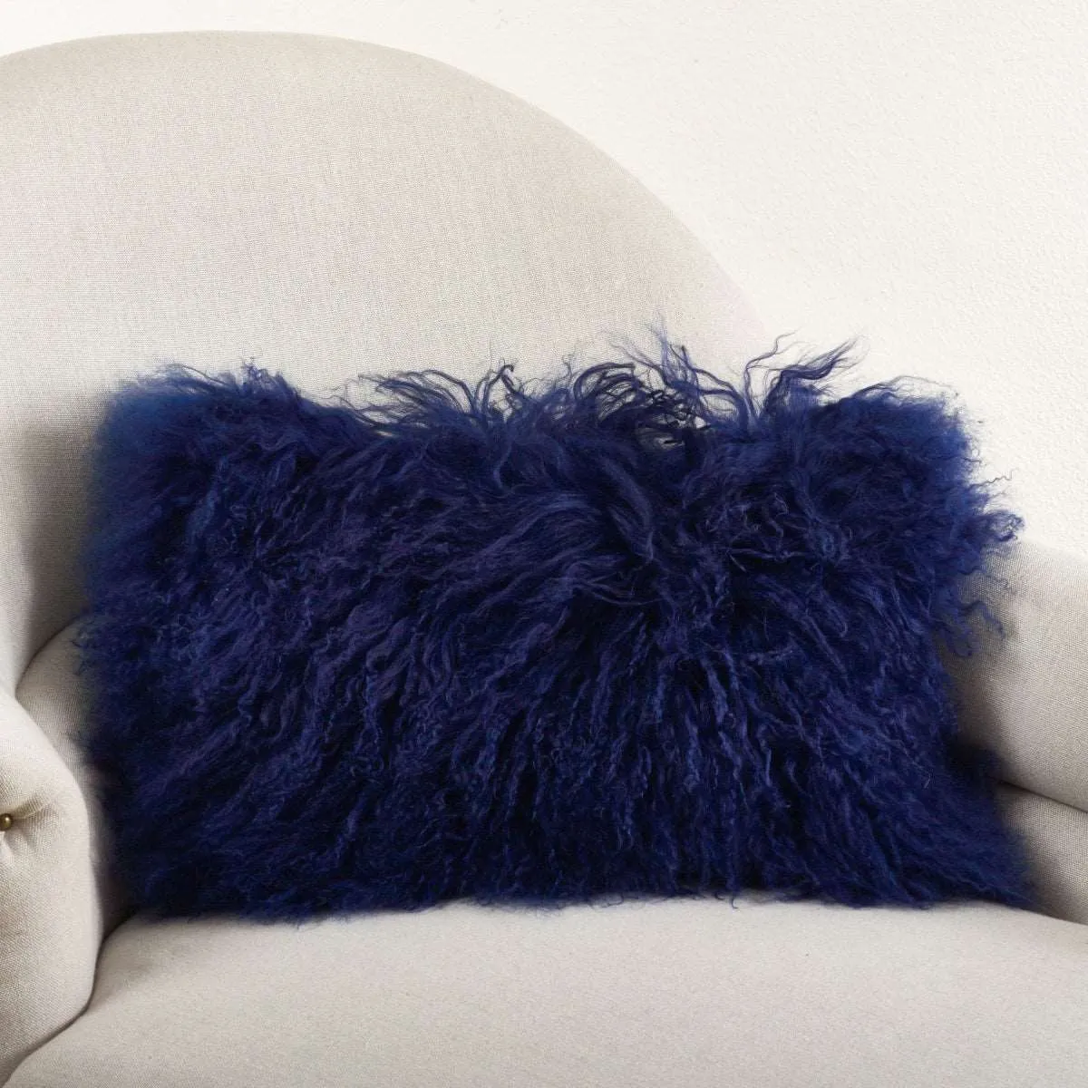 Wool Mongolian Lamb Fur Throw Pillow Cobalt Blue