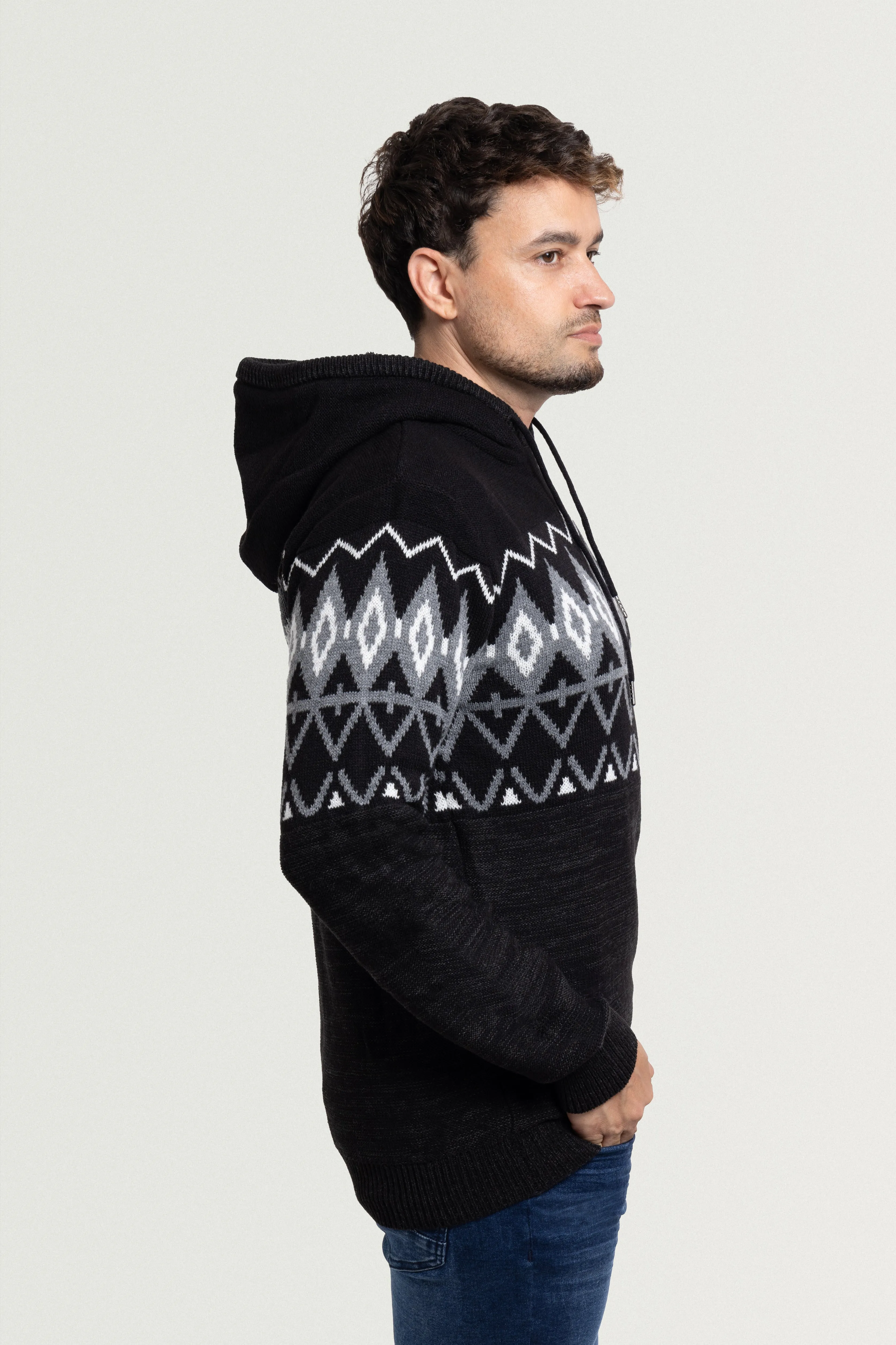 X RAY Men's Colorblocked Pattern Fair Isle Sherpa Hooded Sweater